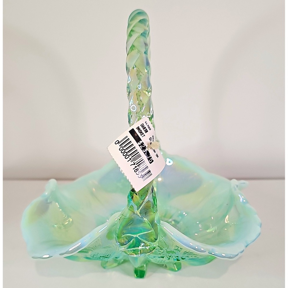 Green Opalescent Art Glass Round Basket, Twisted Handle, 8x8x7 in